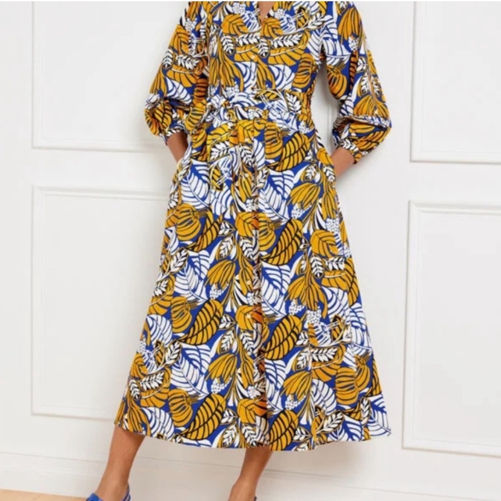 EUC TALBOTS Poplin Shirtdress Colorblock Leaves Puff 3/4 Sleeve Size 14